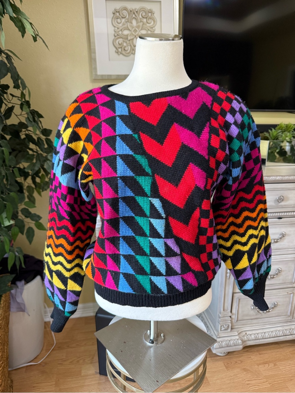 Vintage 80s I.B. Diffusion Rainbow Geometric Art to Wear Wool Sweater S